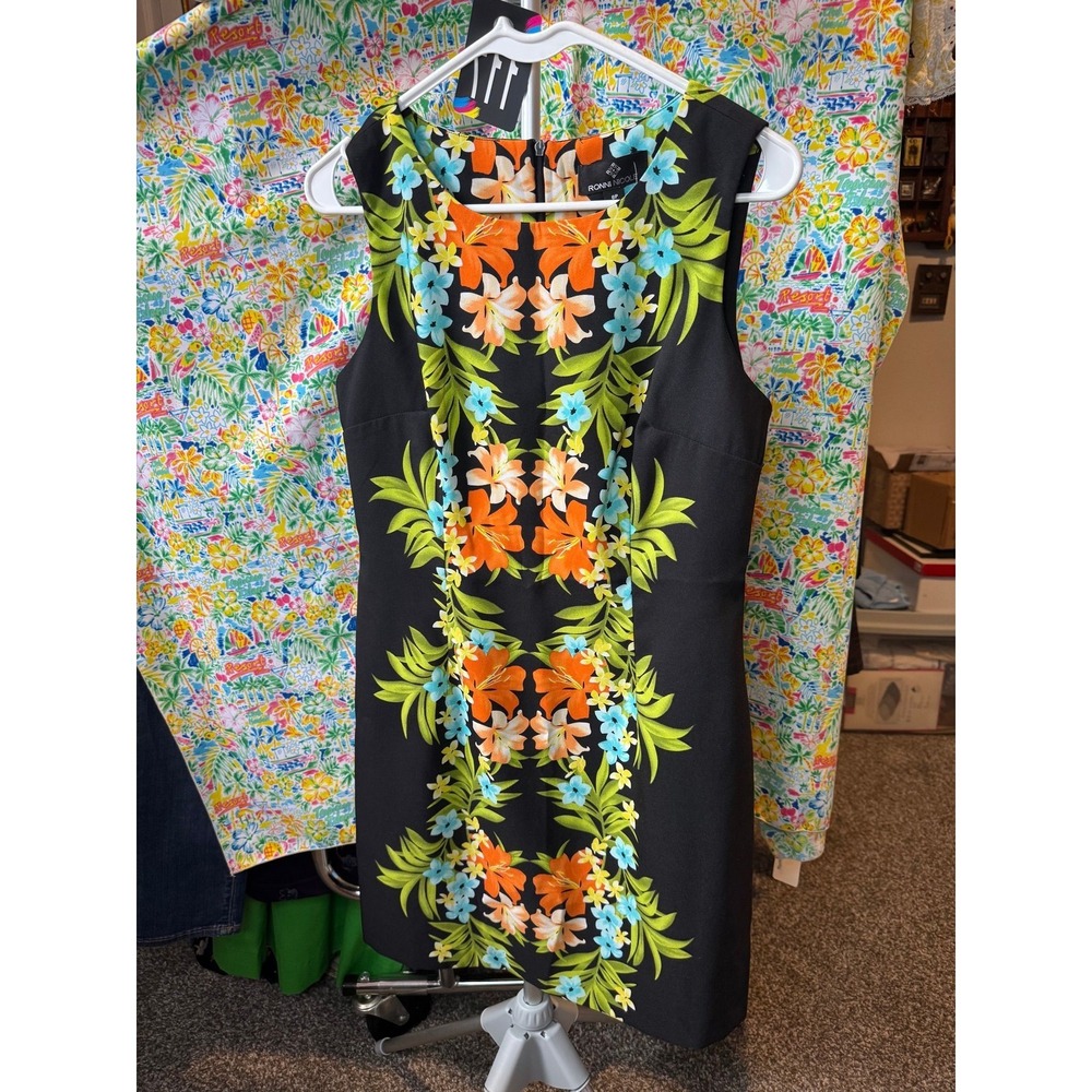117 Ronni Nicole Womens 8P Black Tropical Floral Sleeveless Sheath Dress Shift 8